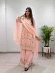 DESIGNER GEORGETTE CODING WITH SEQUENCE EMBROIDERY WORK TOP PALAZZO WITH DUPATTA PEACH