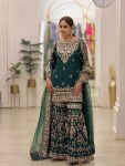 DESIGNER GEORGETTE EMBROIDERY 3 MM SEQUENCE WORK WITH PEARL CERAMIC MOTI & MEENA STONE HAND WORK TOP SHARARA WITH DUPATTA GREEN