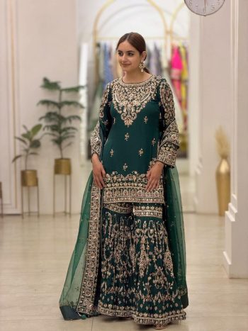 DESIGNER GEORGETTE EMBROIDERY 3 MM SEQUENCE WORK WITH PEARL CERAMIC MOTI & MEENA STONE HAND WORK TOP SHARARA WITH DUPATTA GREEN