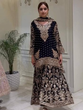 DESIGNER GEORGETTE EMBROIDERY CHAIN SEQUENCE WITH PERAL MOTI REAL MIRROR HAND WORK TOP PALAZZO WITH DUPATTA BLACK