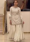 DESIGNER GEORGETTE EMBROIDERY CHIAN SEQUENCE WORK WITH REAL MIRROR HAND WORK TOP PALAZZO WITH DUPATTA WHITE