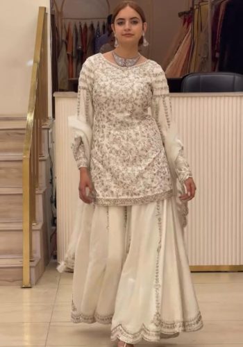 DESIGNER GEORGETTE EMBROIDERY CHIAN SEQUENCE WORK WITH REAL MIRROR HAND WORK TOP PALAZZO WITH DUPATTA WHITE