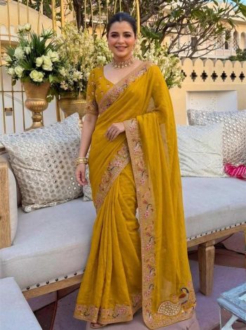 DESIGNER GEORGETTE EMBROIDERY CUTWORK WORK ARCO BORDER SAREE WITH UNSTITCHED BLOUSE YELLOW
