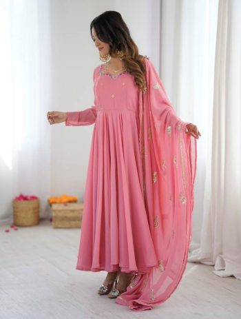 DESIGNER GEORGETTE EMBROIDERY SEQUENCE WORK  GOWN BOTTOM WITH DUPATTA BABY PINK