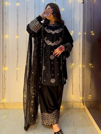 DESIGNER GEORGETTE EMBROIDERY SEQUENCE WORK TOP PALAZZO WITH DUPATTA BLACK