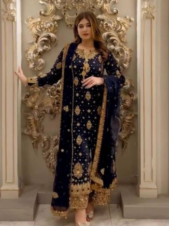 DESIGNER GEORGETTE EMBROIDERY SEQUENCE WORK TOP PALAZZO WITH DUPATTA NAVY BLUE