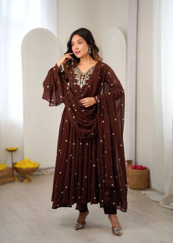 DESIGNER GEORGETTE EMBROIDERY WORK GOWN BOTTOM WITH DUPATTA BROWN