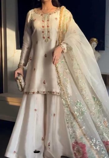 DESIGNER GEORGETTE EMBROIDERY WORK TOP PALAZZO WITH DUPATTA OFF WHITE