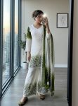 DESIGNER GEORGETTE EMBROIDERY WORK WITH JARKHAN DIAMOND  WORK  TOP PALAZZO WITH DUPATTA WHITE AND GREEN