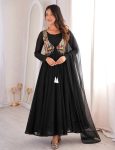 DESIGNER GEORGETTE PLAIN GOWN BOTTOM DUPATTA WTH POSITION WORK WITH READY MADE LACE BORDER WORK KOTI BLACK