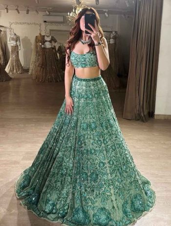 DESIGNER GEORGETTE RAINBOW SEQUENCE , DORI & THREAD WORK LEHENGA CHOLI WITH DUPATTA GREEN
