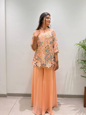 DESIGNER GEORGETTE SEQUENCE EMBROIDERY WORK TOP PALAZZO SET PEACH