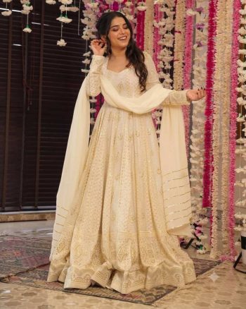 DESIGNER GEORGETTE SEQUENCE & MULTI THREAD EMBROIDERY WORK GOWN BOTTOM WITH DUPATTA WHITE