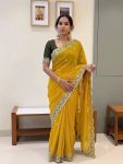 DESIGNER GEORGETTE SILK SEQUENCE AND ZARI EMBROIDERY WORK WITH CUTWORK BORDER SAREE WITH STITCHED BLOUSE YELLOW