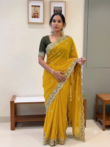DESIGNER GEORGETTE SILK SEQUENCE AND ZARI EMBROIDERY WORK WITH CUTWORK BORDER SAREE WITH STITCHED BLOUSE YELLOW