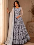 DESIGNER GEORGETTE SILK THREAD EMBROIDERY WORK WITH GPO LACE BORDER WORK GOWN WITH DUPATTA WHITE AND BLUE