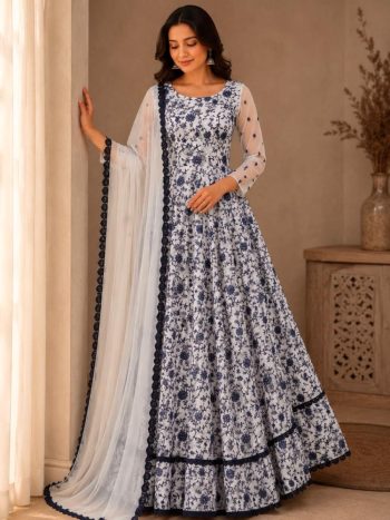 DESIGNER GEORGETTE SILK THREAD EMBROIDERY WORK WITH GPO LACE BORDER WORK GOWN WITH DUPATTA WHITE AND BLUE