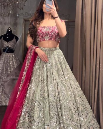 DESIGNER GEORGETTE ZARI , SEQUENCE & DORI WORK LEHENGA CHOLI WITH DUPATTA GREEN AND PINK