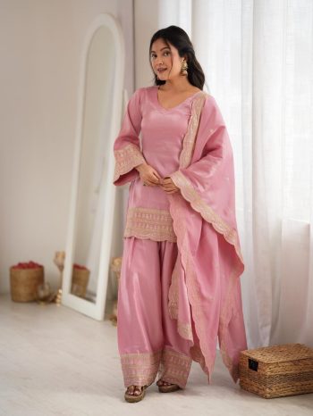 DESIGNER GLASS ROMAN SILK EMBROIDERY SEQUENCE DORI AND JARI WORK TOP PATIYALA PINK