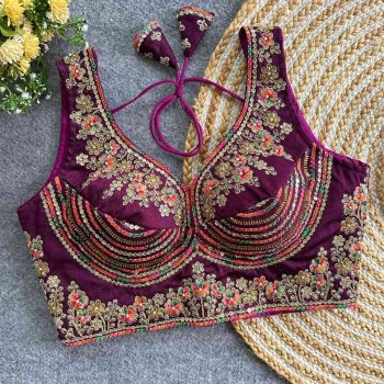 DESIGNER ITALIYAN SILK JARI + SEQUENCE & BEADS WORK STITCHED BLOUSE WINE
