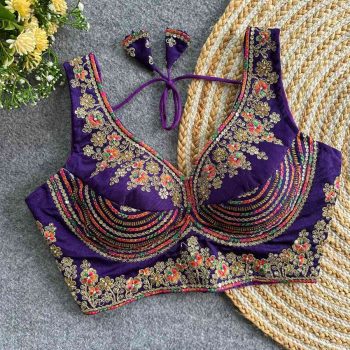 DESIGNER ITALIYAN SILK JARI + SEQUENCE & BEADS WORK STITCHED BLOUSE PURPLE
