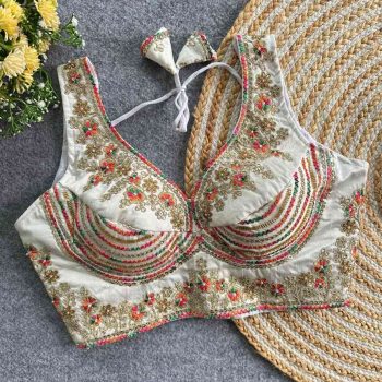 DESIGNER ITALIYAN SILK JARI + SEQUENCE & BEADS WORK STITCHED BLOUSE WHITE