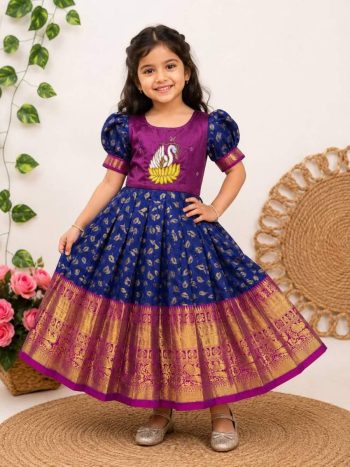 DESIGNER JACQUARD AND MONO SILK WEAVED ZARI BORDER  WITH HAND EMBROIDERY MAGGAM WORK KID'S GOWN  BLUE