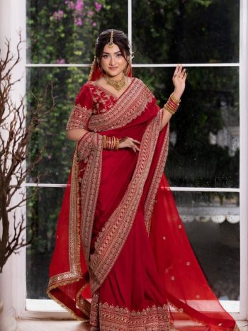 DESIGNER JAPAN SATIN THREAD & CODING SEQUENCE WORK  SAREE WITH UNSTITCHED BLOUSE AND DUPATTA RED
