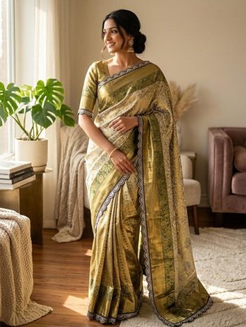 DESIGNER KANJIVARAM PATTU SILK ZARI WEAVING WITH CONTRAST WEAVING EMBROIDERY & SEQUENCE WORK  SAREE WITH UNSTITCHED BLOUSE GREEN
