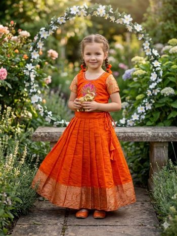 DESIGNER KOTA CHECKS MAGGAM WORK KID'S LEHENGA CHOLI ORANGE