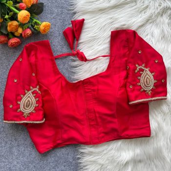 DESIGNER MALAI SATIN HAND WORK STITCHED BLOUSE RED