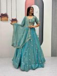 DESIGNER MOSS EMBROIDERY BEADS & SEQUENCE WORK LEHENGA CHOLI WITH DUPATTA SKY