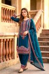 DESIGNER MUL CHANDERI EMBROIDERY SEQUENCE WITH REAL MIRROR HAND WORK AND FANCY LACE WORK TOP PATIYALA WITH DUPATTA TEAL
