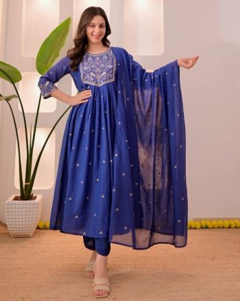 DESIGNER MUL CHANDERI EMBROIDERY SEQUENCE WORK TOP BOTTOM WITH DUPATTA BLUE