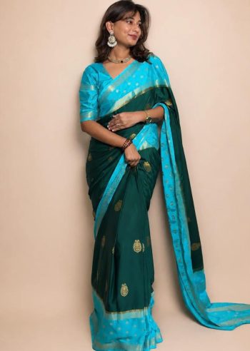 DESIGNER MYSORE SILK JACQUARD WORK GOWN SAREE DARK GREEN