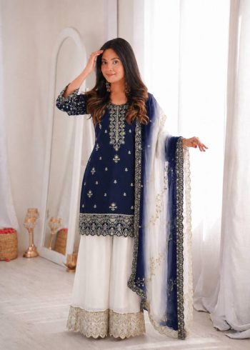 DESIGNER NATURAL SILK EMBROIDERY AND SEQUENCE WORK TOP PALAZZO WITH DUPATTA BLUE