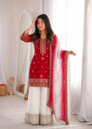 DESIGNER NATURAL SILK EMBROIDERY AND SEQUENCE WORK TOP PALAZZO WITH DUPATTA RED