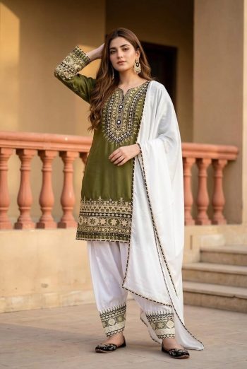 DESIGNER NATURAL SILK EMBROIDERY  SEQUENCE WORK WITH REAL MIRROR HAND WORK TOP PATIYALA WITH DUPATTA GREEN AND WHITE