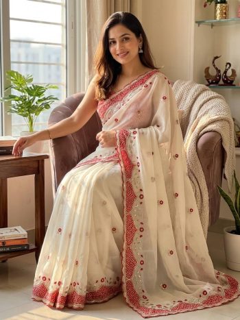 DESIGNER NC MOSS APLIC WORK WITH SEQUENCE AND THREAD EMBROIDERY WORK SAREE WITH UNSTITCHED BLOUSE RED AND OFF WHITE