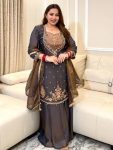 DESIGNER NC MOSS SILK EMBROIDERY AND SEQUENCE WORK  TOP PALAZZO WITH DUPATTA BROWN