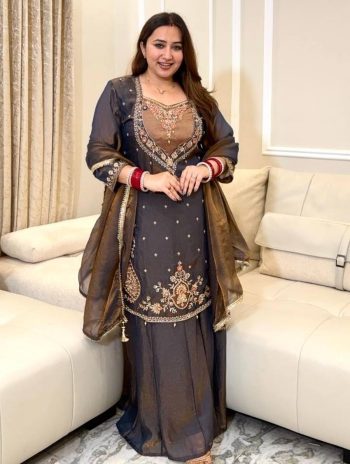 DESIGNER NC MOSS SILK EMBROIDERY AND SEQUENCE WORK  TOP PALAZZO WITH DUPATTA BROWN