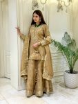 DESIGNER NC MOSS SILK EMBROIDERY SEQUENCE WITH RIVET MOTI WORK TOP PALAZZO WITH DUPATTA CREAM