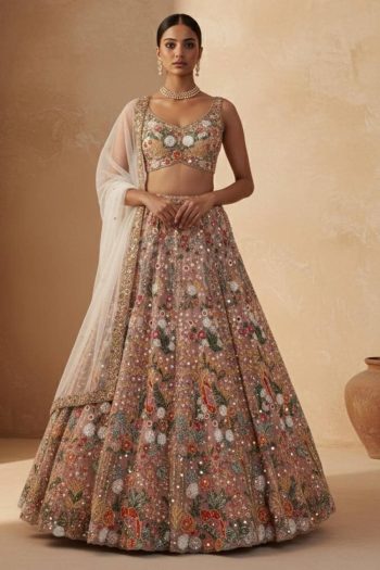 DESIGNER NET RAINBOW SEQUENCE , DORI & THREAD WORK LEHENGA CHOLI WITH DUPATTA PEACH