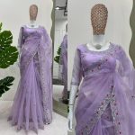 DESIGNER ORGANZA SILK SEQUENCE EMBROIDERY WITH ARC CUTTING BORDER SAREE WITH STITCHED BLOUSE LAVENDER