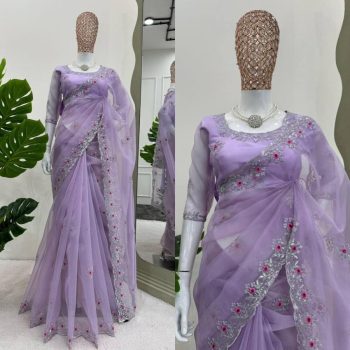 DESIGNER ORGANZA SILK SEQUENCE EMBROIDERY WITH ARC CUTTING BORDER SAREE WITH STITCHED BLOUSE LAVENDER