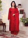 DESIGNER RAYON COTTON EMBROIDERY WORK TOP BOTTOM WITH DUPATTA RED
