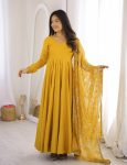 DESIGNER ROMAN CHANDERI PLAIN GOWN BOTTOM WITH EMBROIDERY SEQUENCE JARI WORK DUPATTA YELLOW