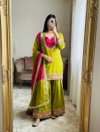 DESIGNER ROMAN GLASS REAL MIRROR WORK TOP PALAZZO WITH DUPATTA PARROT GREEN