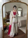 DESIGNER ROMAN GLASS REAL MIRROR WORK TOP PALAZZO WITH DUPATTA WHITE AND PINK