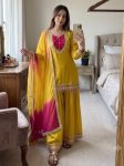 DESIGNER ROMAN GLASS REAL MIRROR WORK TOP PALAZZO WITH DUPATTA YELLOW